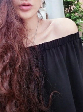 秋季新款女装欧美黑色中长款宽松灯笼袖一字领露肩雪纺衫长袖上衣
