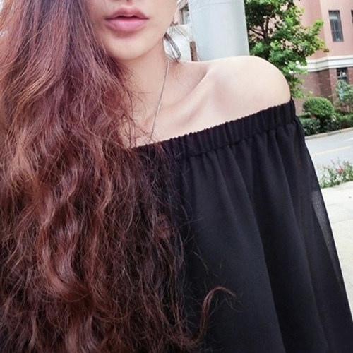 一字领露肩雪纺衫长袖宽松上衣