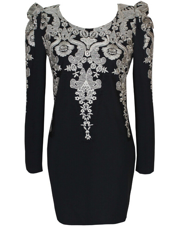 新品短裙拉链纯色绣花单件春季圆领街头欧美针织长袖连衣裙夜场