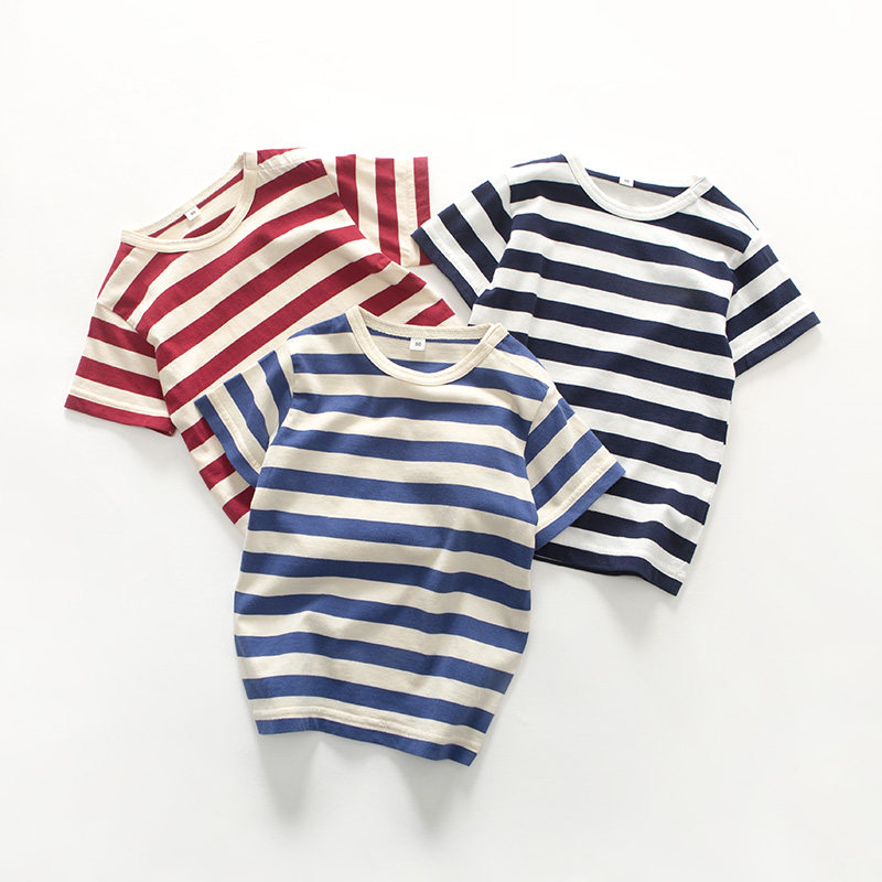 日系夏款儿童男女童条纹有机棉超薄短袖宝宝婴纯棉幼儿中大童t恤