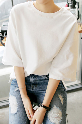 2018新款百搭夏装五分袖白T恤女学生韩版纯色圆领宽松半袖上衣潮