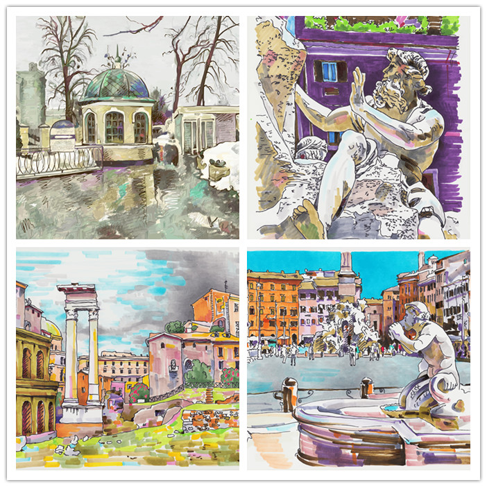 A0533矢量水彩手绘街头雕塑图案海报模板 AI设计素材