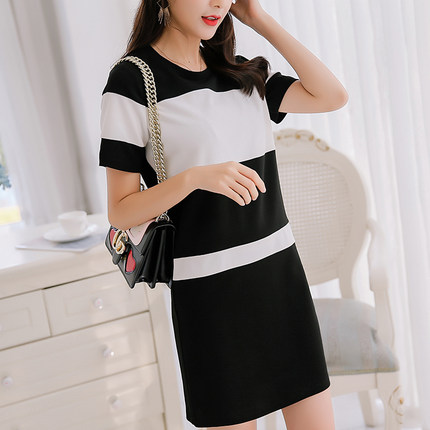 彩黛妃2017春夏新款韩版显瘦女装修身大码时尚百搭针织短袖连衣裙