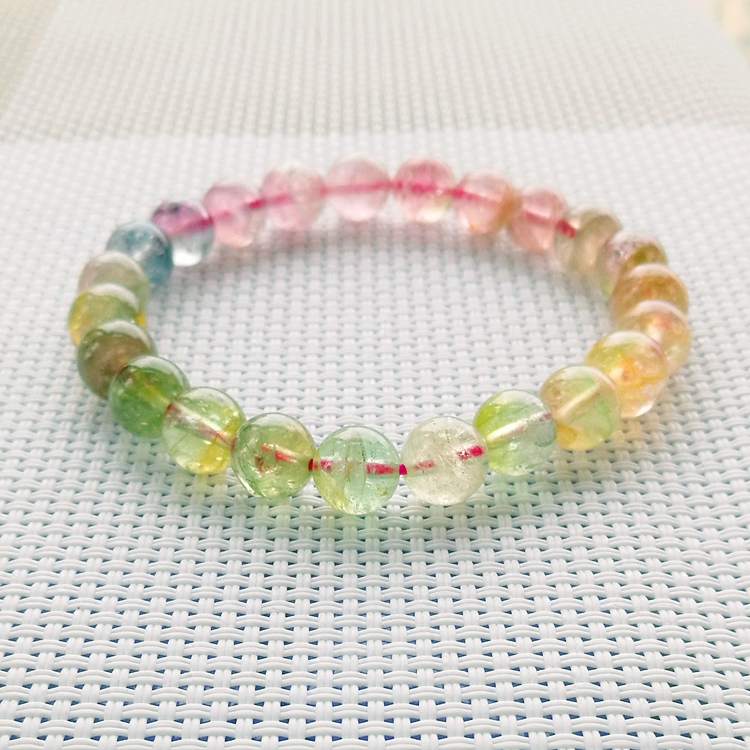 稀有无注胶通透纯天然阿富汗渐变色红黄绿蓝西瓜碧玺手链8mm送证