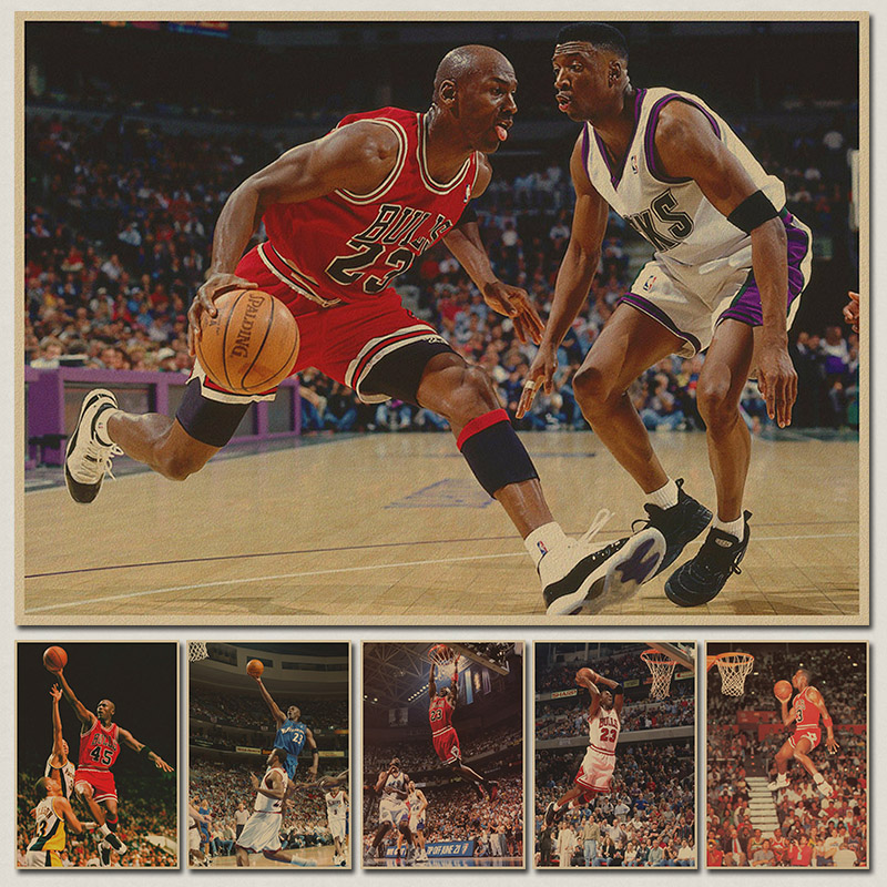 乔丹 篮球NBA体育明星 公牛队 灌篮 复古牛皮纸海报 装饰画贴挂画图片