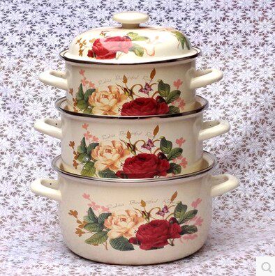 包邮搪瓷锅珐琅瓷加厚家用三件套珐琅锅双耳搪瓷汤锅燃气可用搪瓷