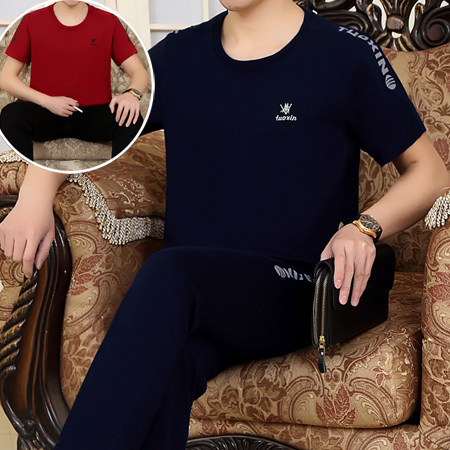中年夏款男士短袖长裤运动服套装大码圆领中老年休闲半袖运动装棉