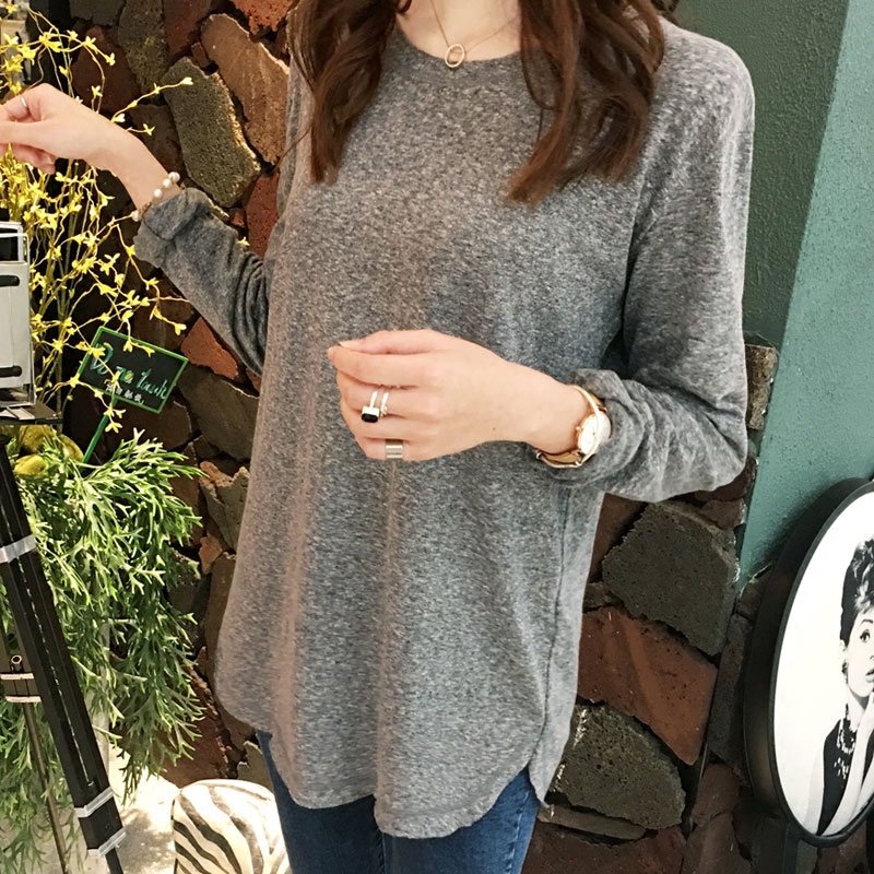 韩国中长款打底衫2025春秋新款韩范瘦显圆领女t恤长袖修身体恤潮T