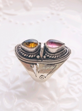 古玩孤品通透艳丽风红碧玺银戒指