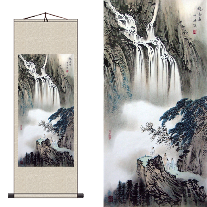 招财书房王重观瀑图已装裱风水画