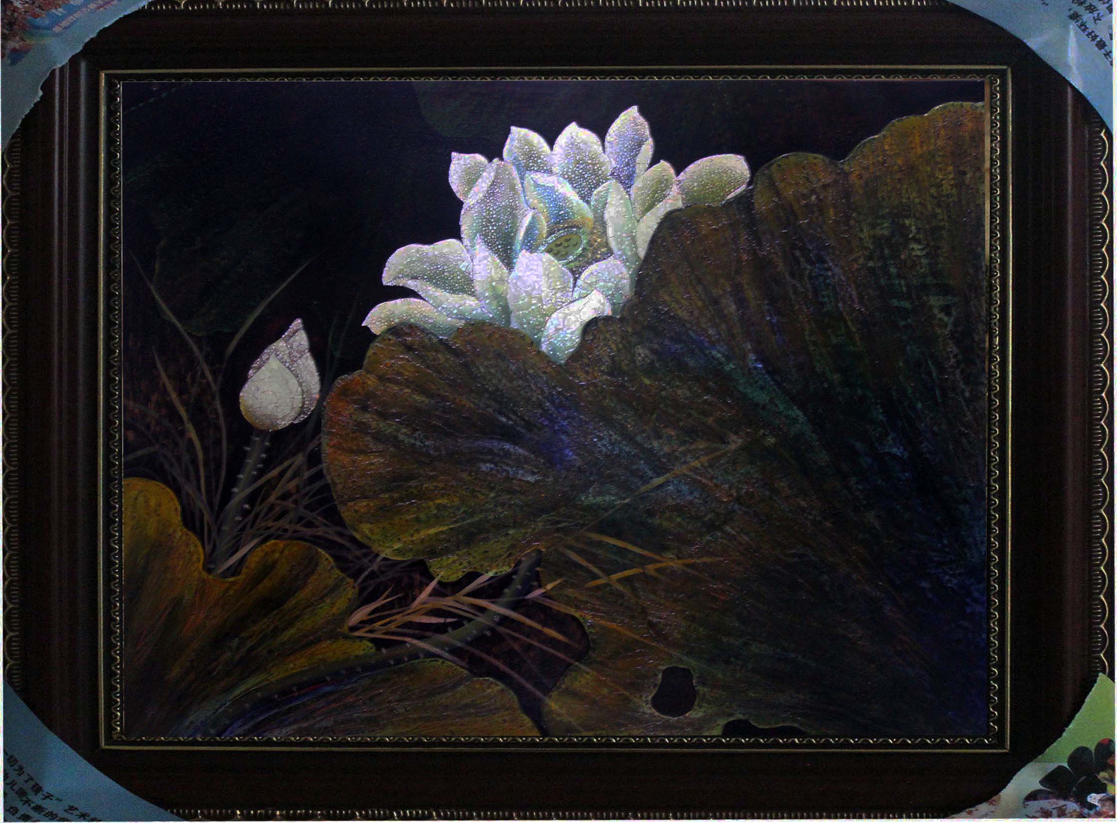 精品纯手工原创蛋壳镶嵌荷花横幅装饰画客厅挂画玄关蛋壳漆画