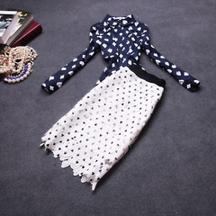 2015 spring new Europe small-print shirt suit fields breathe sweet temperament floral openwork lace dress #