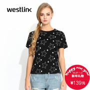 Westlink/West fall 2015 new Korean stars printed short sleeves round neck fitted dress shirt