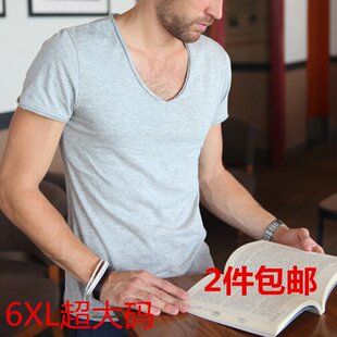 夏季男士莫代尔V领短袖T恤 加肥加大码胖子特大号宽松半袖毛边T恤