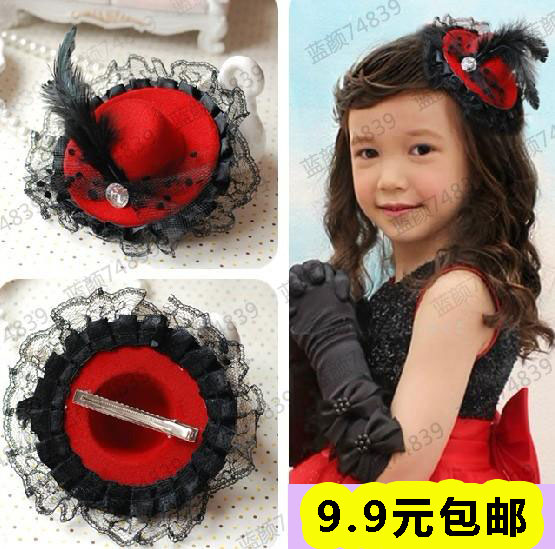 时尚儿童拉丁爵士舞帽子发夹表演出羽毛公主裙头花小礼帽头饰品
