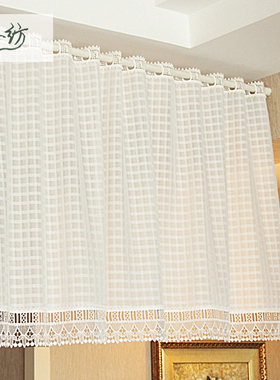 外贸白色格子布艺门帘半帘厨帘柜帘咖啡帘成品纱帘短帘水溶蕾丝边