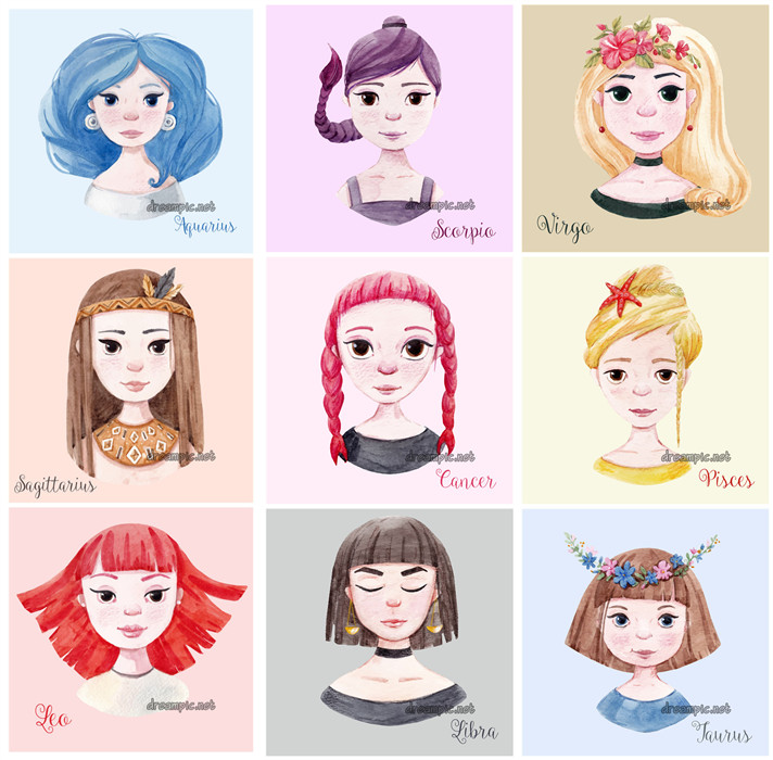 [533]AI矢量设计素材 水彩手绘12星座女孩头像插画