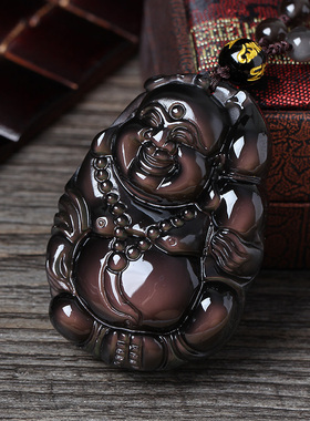 磨砂冰种彩虹眼黑曜石佛公吊坠