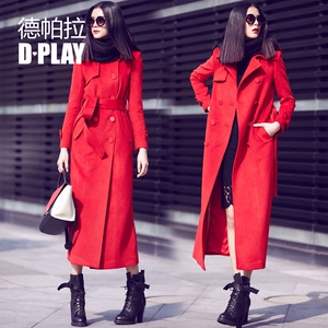 D－PLAY秋冬款欧美红色羊毛呢长款大衣双排扣过膝修身长外套女装