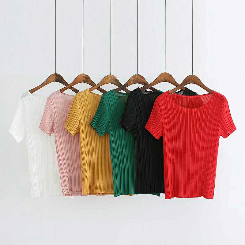 夏款韩版修身显瘦短袖百褶雪纺衫女士纯色百搭短袖小衫打底衫上衣|msdalam kategori Butik wanita / wanita, baju lace/baju chiffon - dari Buy2taobao.com untuk memberikan perkhidmatan ejen Taobao profesional membeli