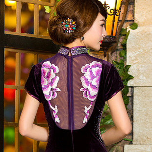 金丝绒旗袍短款做2023 蕾丝大码妈妈装婚宴礼服裙修身 性感可定做