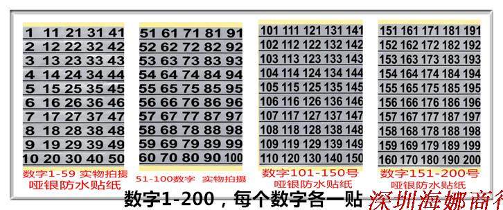 流水号码贴纸1-200号码每个数字一贴哑银流水自粘防水撕不烂标签
