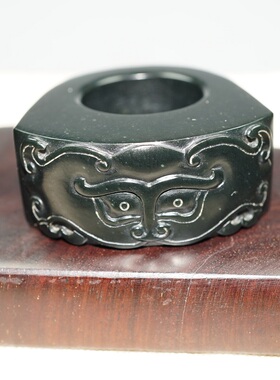 【晶金良玉】塔青黑青玉饕餮大扳指