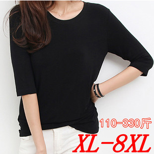 莫代尔春秋女圆领短袖 t恤胖MM200打底衫 上衣300斤超大码 T恤七分袖