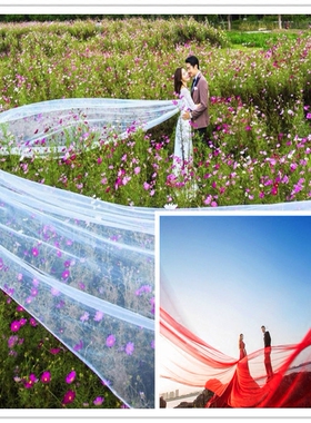 凯蒂婚饰 新娘结婚头纱外景摄影头纱海景飘逸抛沙红色白色十米长