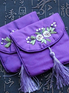 民族风丝绸首饰袋 手工绣花暗扣流苏布艺首饰袋 佛珠袋 紫色