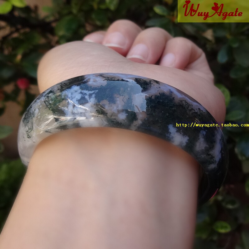 现货印度纯天然原矿色无烧绿水草玛瑙手镯女款加厚手环镯子54.5mm