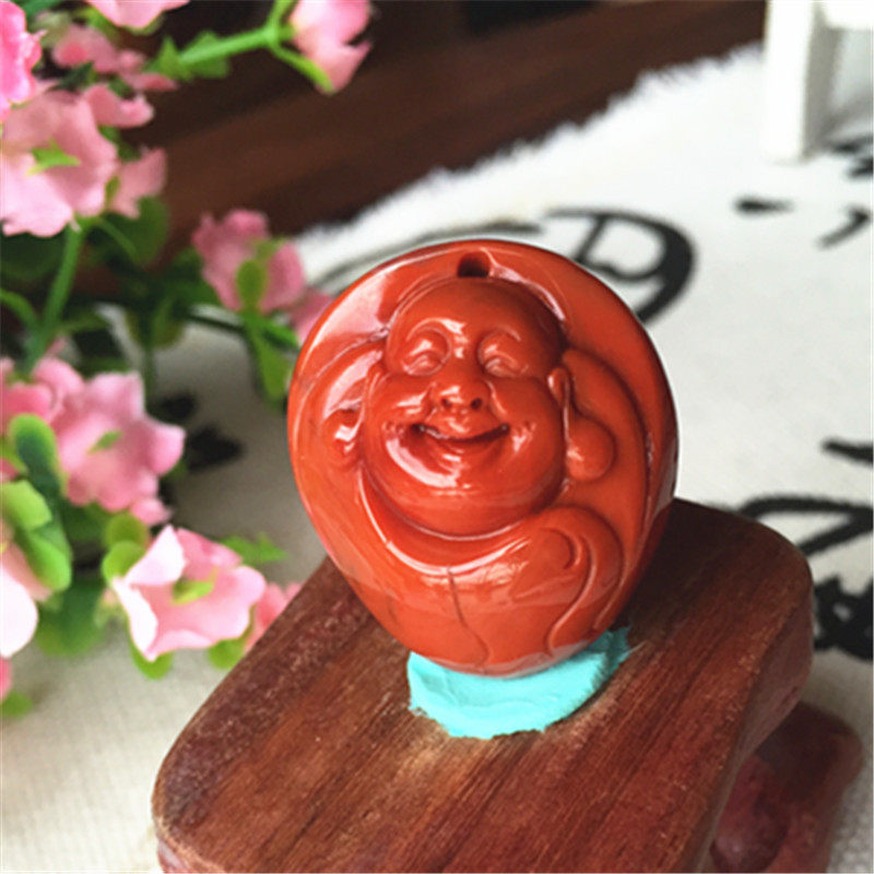 精品南红玛瑙笑佛项坠雕件 满肉柿子红弥勒佛公原石雕刻吊坠