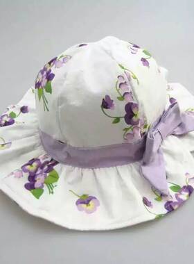 4-8岁52CM头围女童白色印花春夏薄款全棉宽檐太阳盆帽