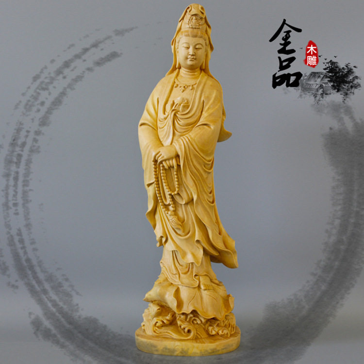 小叶黄杨木雕人物工艺品手工雕刻佛像摆件 观音菩萨 荷花持珠观音