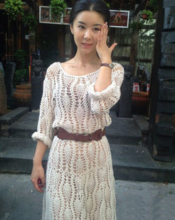 包邮定制 李小萌同款波西米亚纯手工钩织长袖修身连衣裙子996