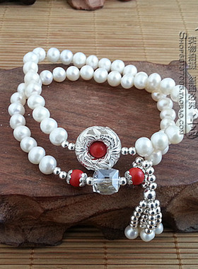 双层朱砂纯银手串天然珍珠