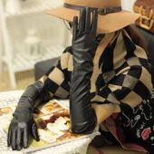 皮手套配皮草礼服手套女 长款 走秀款 女韩PU皮长手套女士手套保暖季