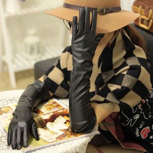 走秀款女韩PU皮长手套女士手套保暖季长款皮手套配皮草礼服手套女