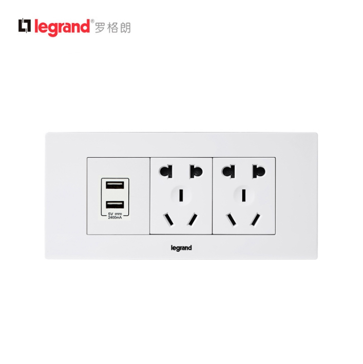 TCL罗格朗118型中盒三位10孔电源插座+双口USB手机充电插座面板