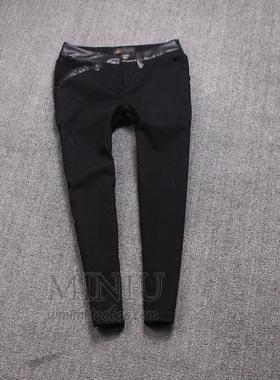 欧洲站2024秋冬款加厚加绒拼皮哈伦裤显瘦休闲裤女长裤