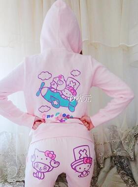 可爱one piece海贼王运动服乔巴hello kitty带帽卫衣套装两件套