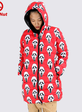 DEVIL NUT潮牌 恶魔 长款红色尖叫迷彩 女式  羽绒服 DN  AFO