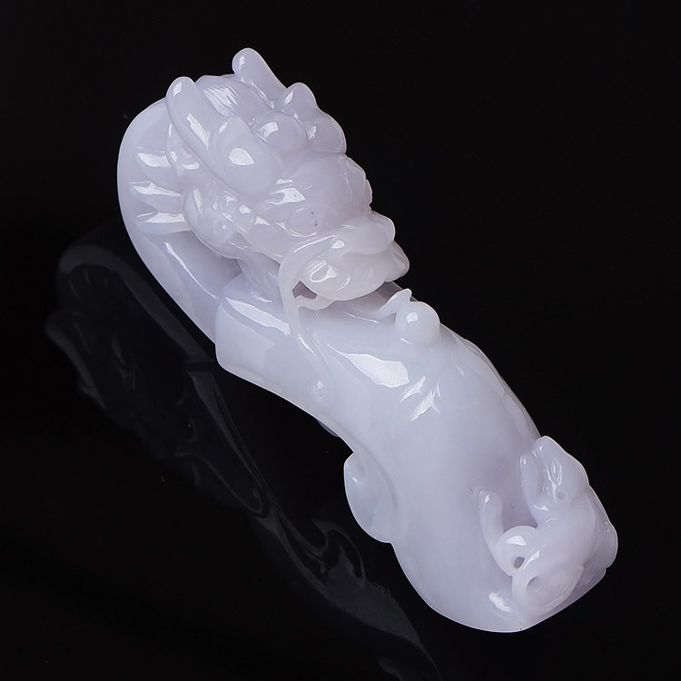 玉石寨玉器 保真A货翡翠淡紫罗兰望子成龙项坠缅甸正品龙勾挂件男