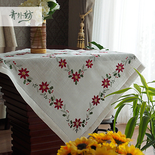 外贸 欧式喜庆刺绣红花 抽纱工艺大餐桌布 盖布 茶几多色多规格
