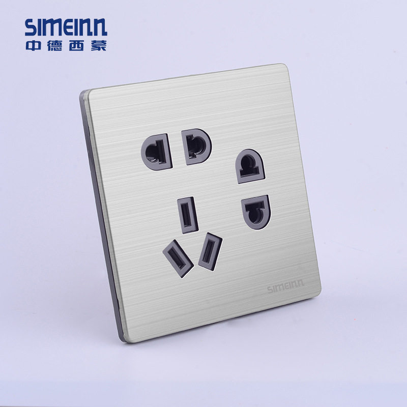西蒙 86型暗装5眼带二插七孔 银灰色不锈钢拉丝墙壁开关插座面板
