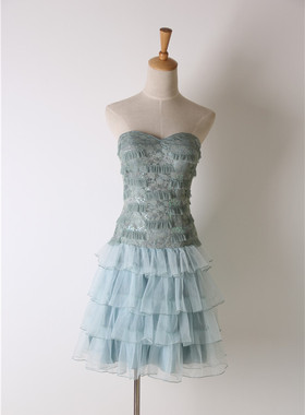 洛森D076湖绿色短款姐妹裙晚礼服纱裙抹胸伴娘裙宴会蕾丝XXS.  XS