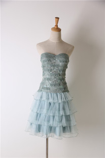 洛森D076湖绿色短款姐妹裙晚礼服纱裙抹胸伴娘裙宴会蕾丝XXS. XS