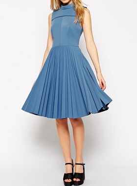 欧洲定单复合面料高端压褶半高领百褶无袖连衣裙大摆中裙蓝色