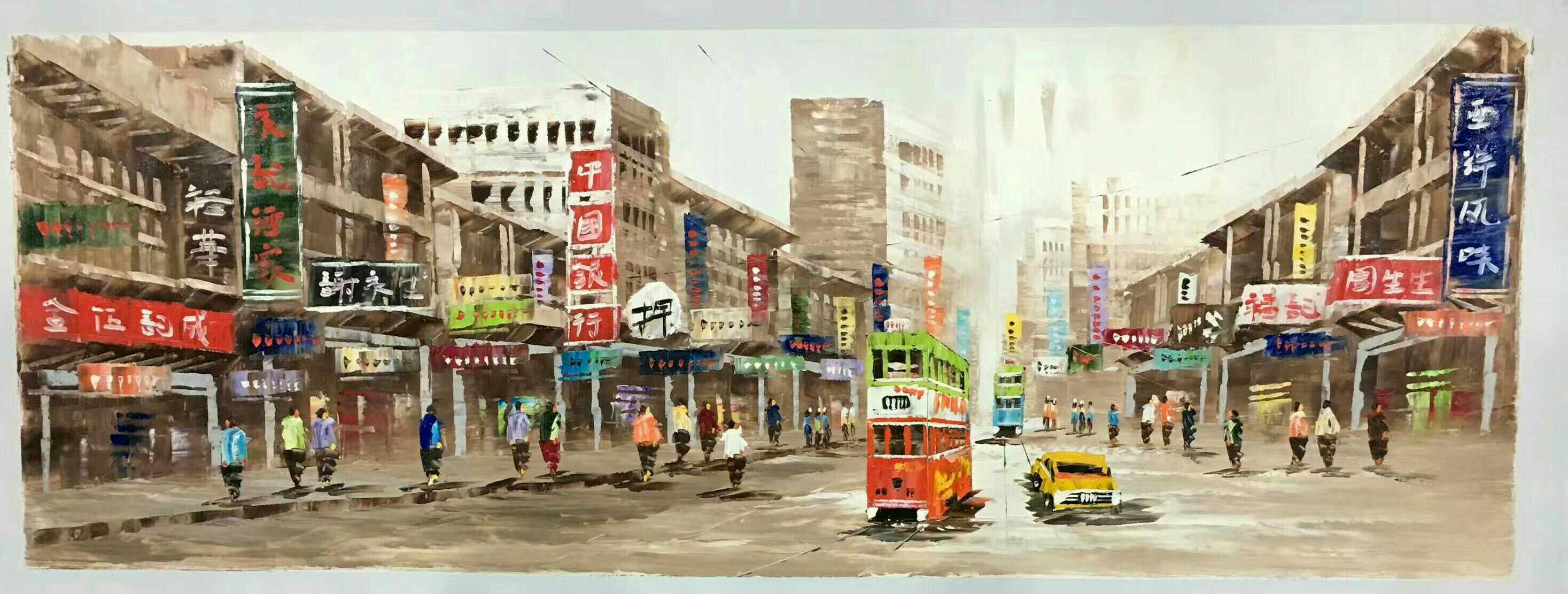 手绘上海香港街景厚油彩油画别墅酒店壁橱装饰画60-120现货可定制