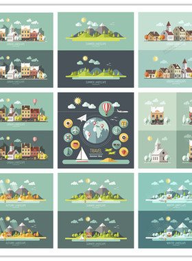 A0741矢量城市建筑扁平化天气秋天四季下雨旅行信息图 AI设计素材